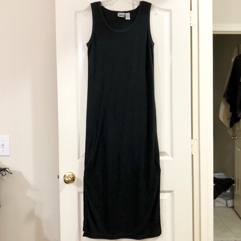 Vintage Black Maxi Tank Dress with Side Slits, T-shirt style, Basic Editions - M